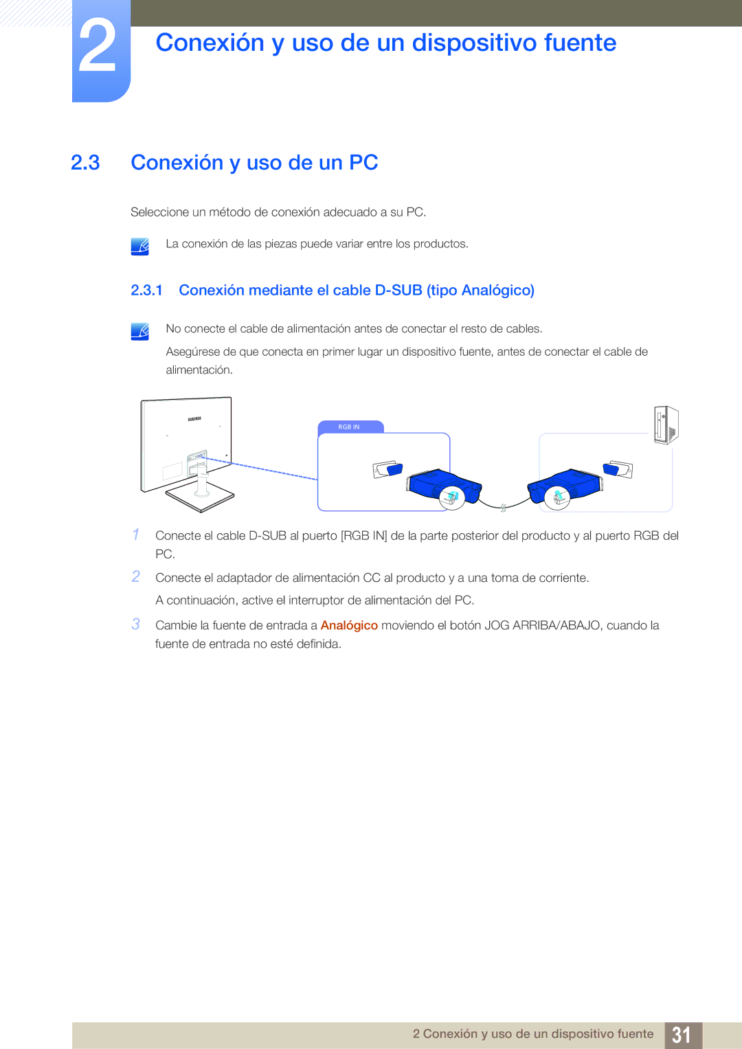 Samsung LS24C550ML/EN manual Conexión y uso de un PC, Conexión mediante el cable D-SUB tipo Analógico 