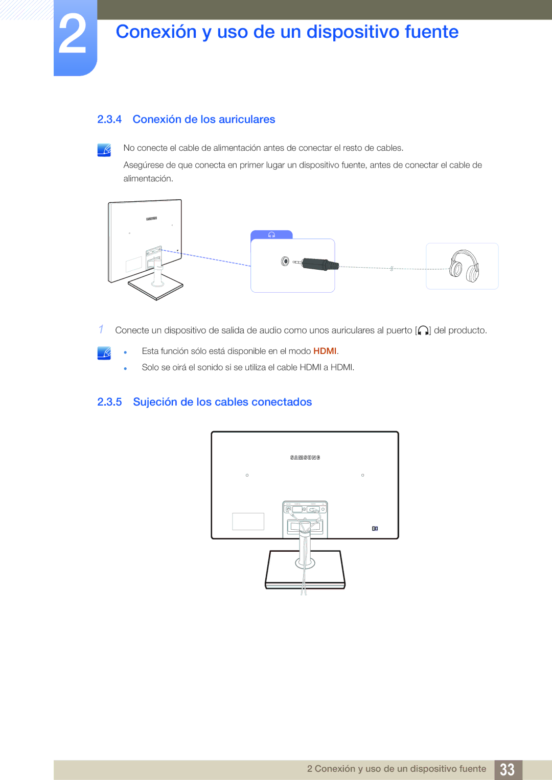 Samsung LS24C550ML/EN manual Conexión de los auriculares, Sujeción de los cables conectados 