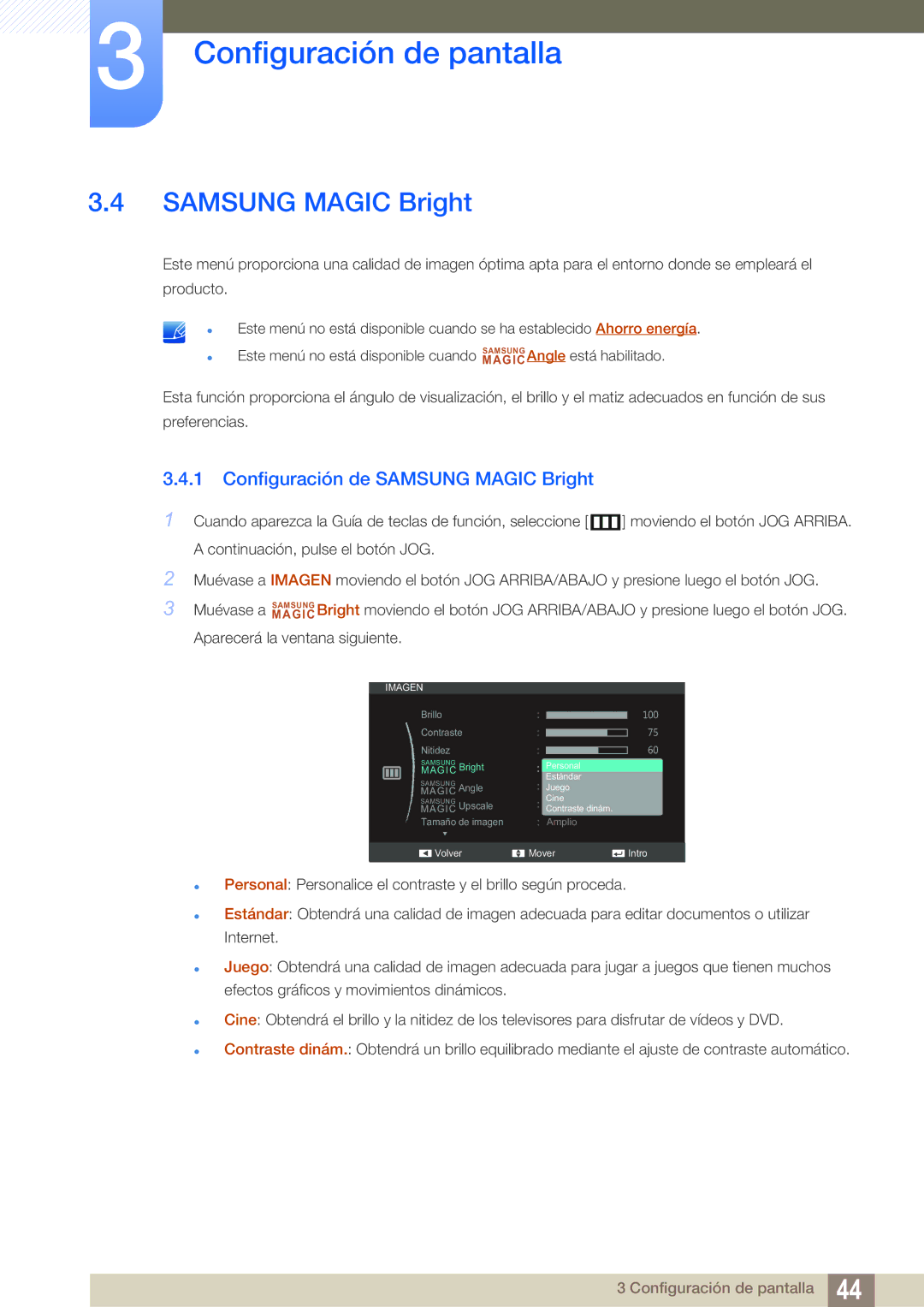 Samsung LS24C550ML/EN manual Configuración de Samsung Magic Bright 