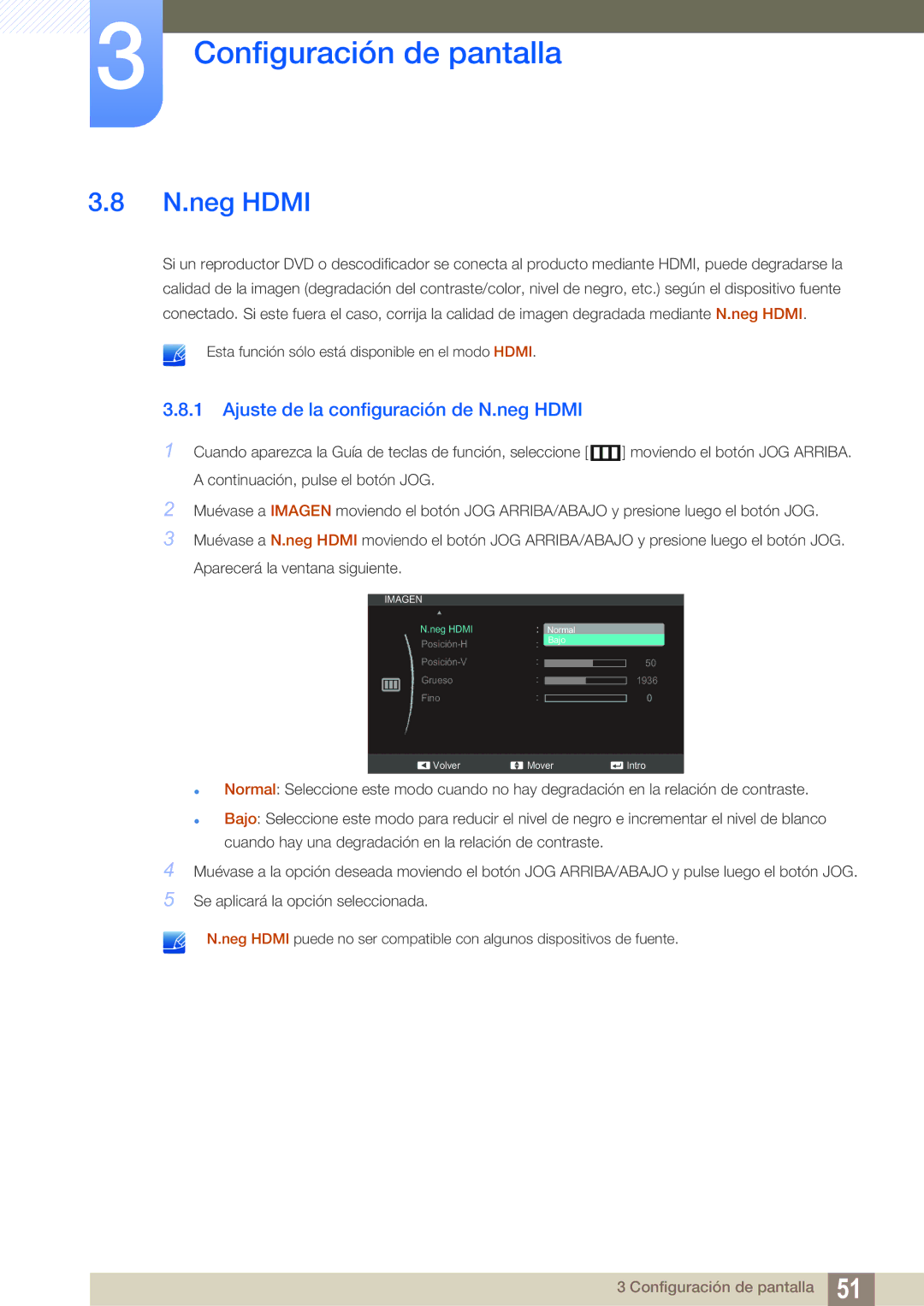 Samsung LS24C550ML/EN manual Ajuste de la configuración de N.neg Hdmi 