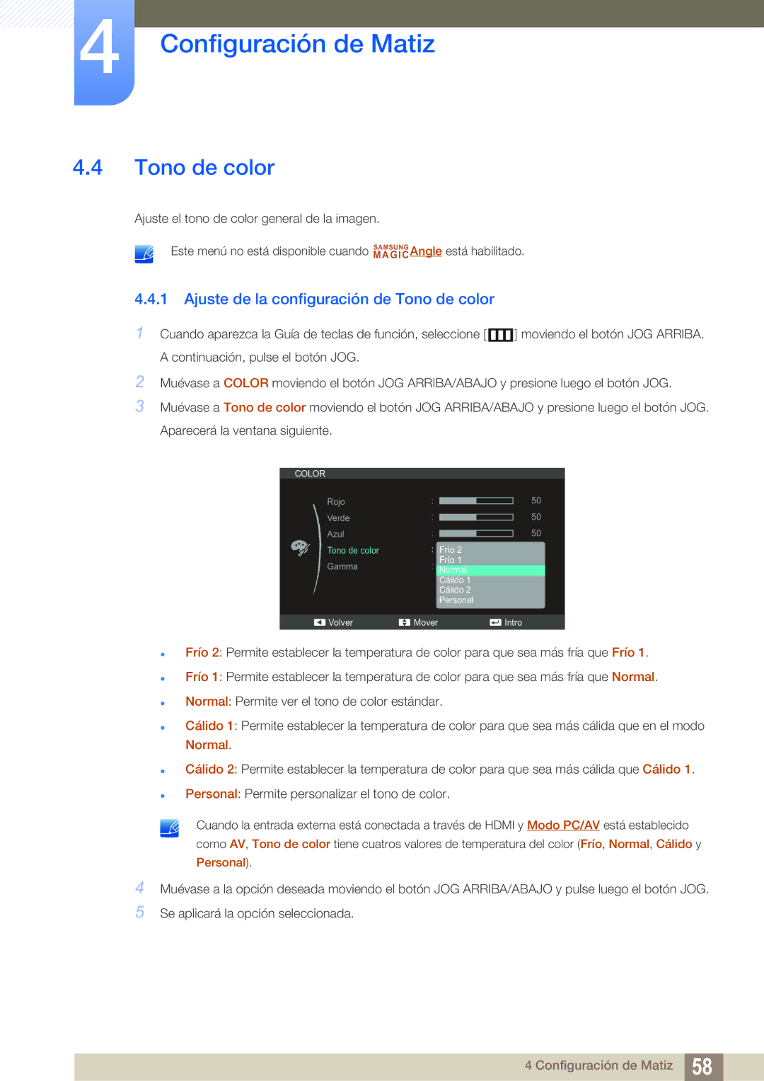 Samsung LS24C550ML/EN manual Ajuste de la configuración de Tono de color 