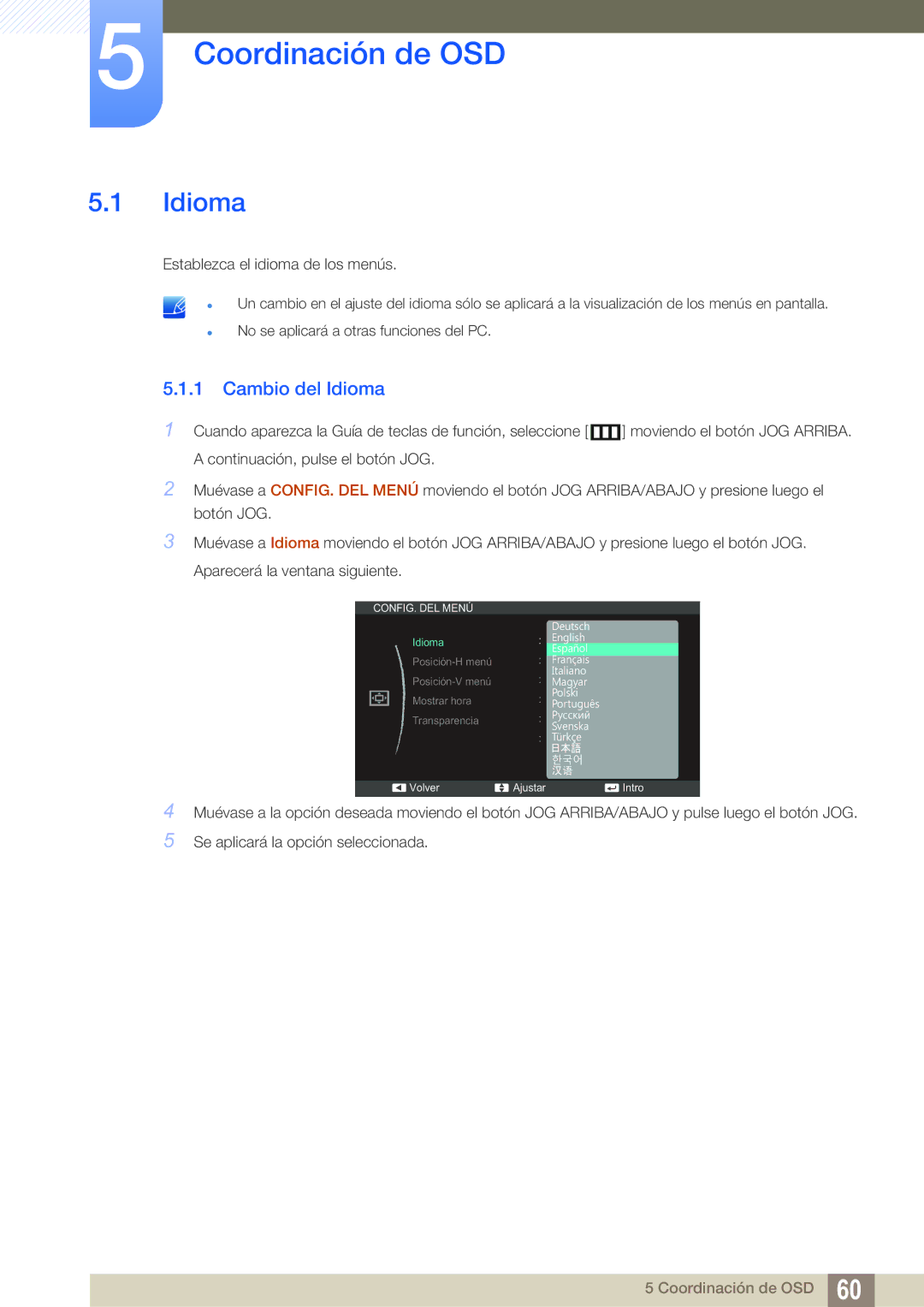 Samsung LS24C550ML/EN manual Coordinación de OSD, Cambio del Idioma 