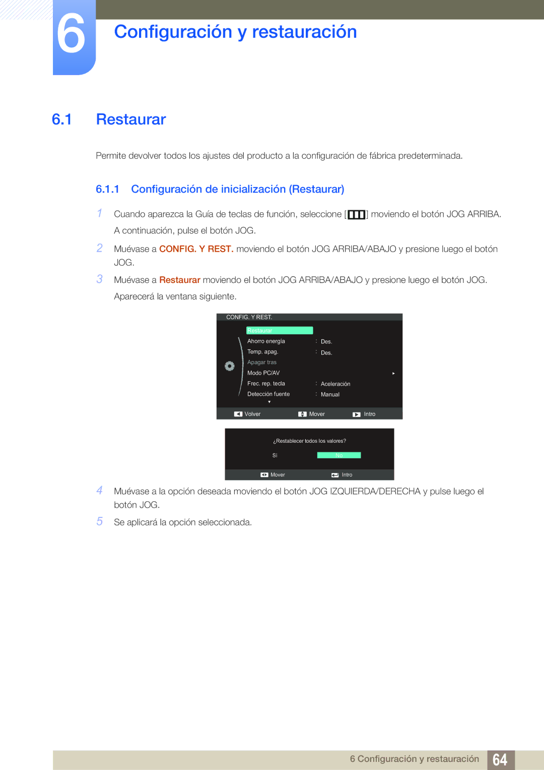 Samsung LS24C550ML/EN manual Configuración y restauración, Configuración de inicialización Restaurar 