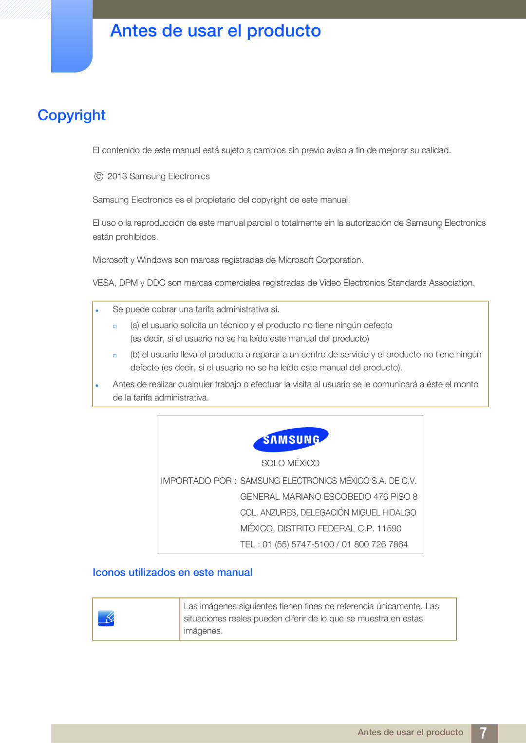 Samsung LS24C550ML/EN Antes de usar el producto, Copyright, Iconos utilizados en este manual 