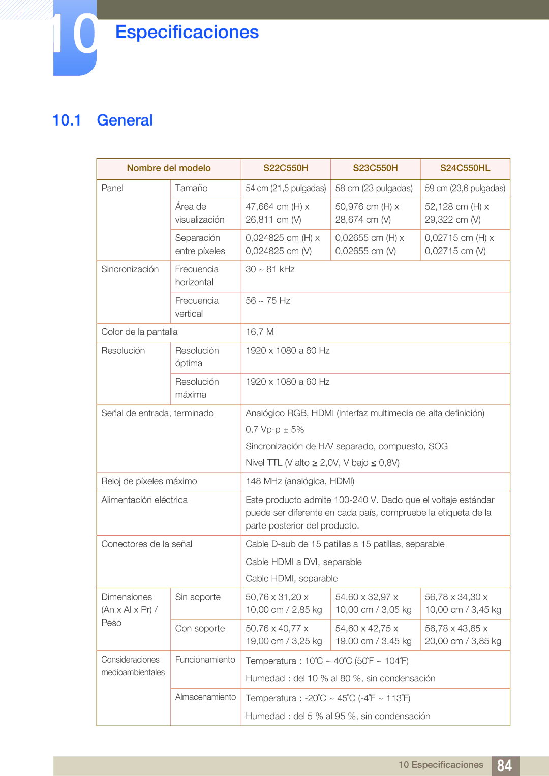 Samsung LS24C550ML/EN manual Especificaciones, General 