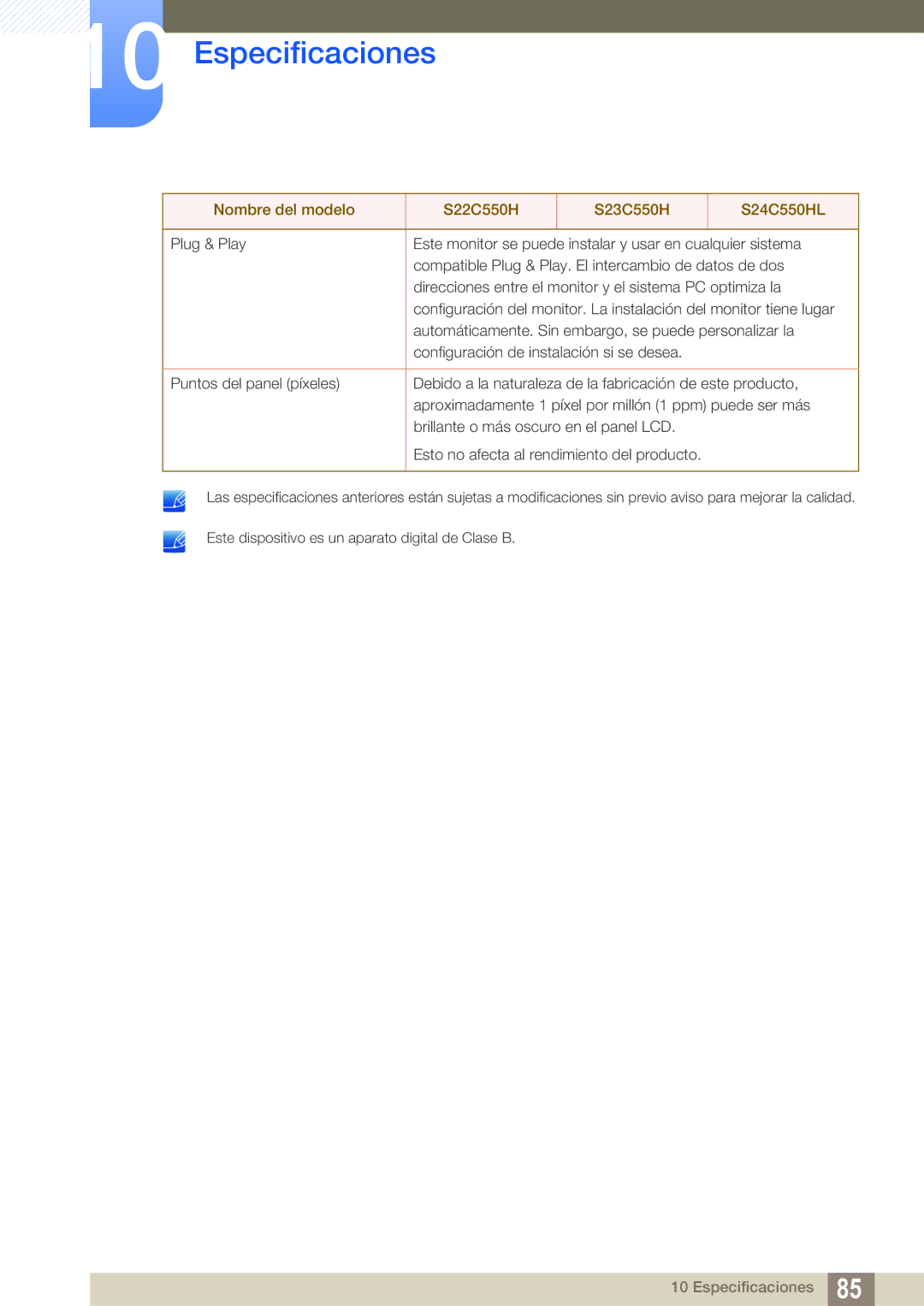 Samsung LS24C550ML/EN manual Especificaciones 