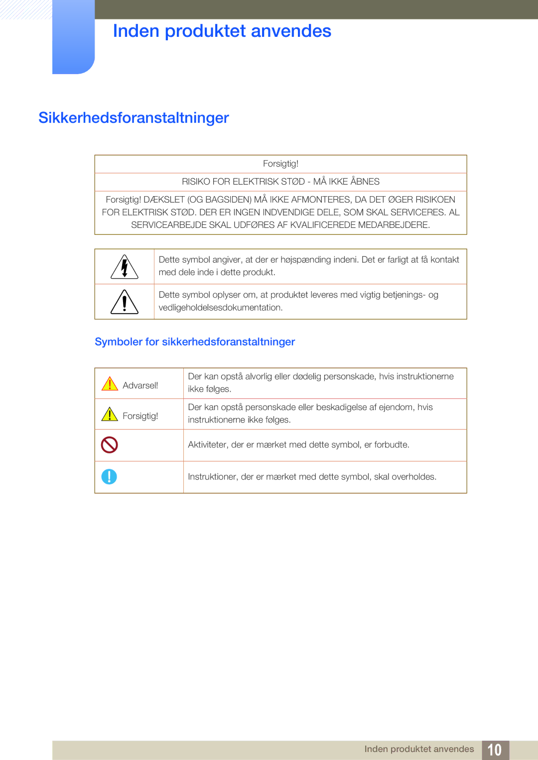 Samsung LS24C550ML/EN manual Sikkerhedsforanstaltninger, Symboler for sikkerhedsforanstaltninger 