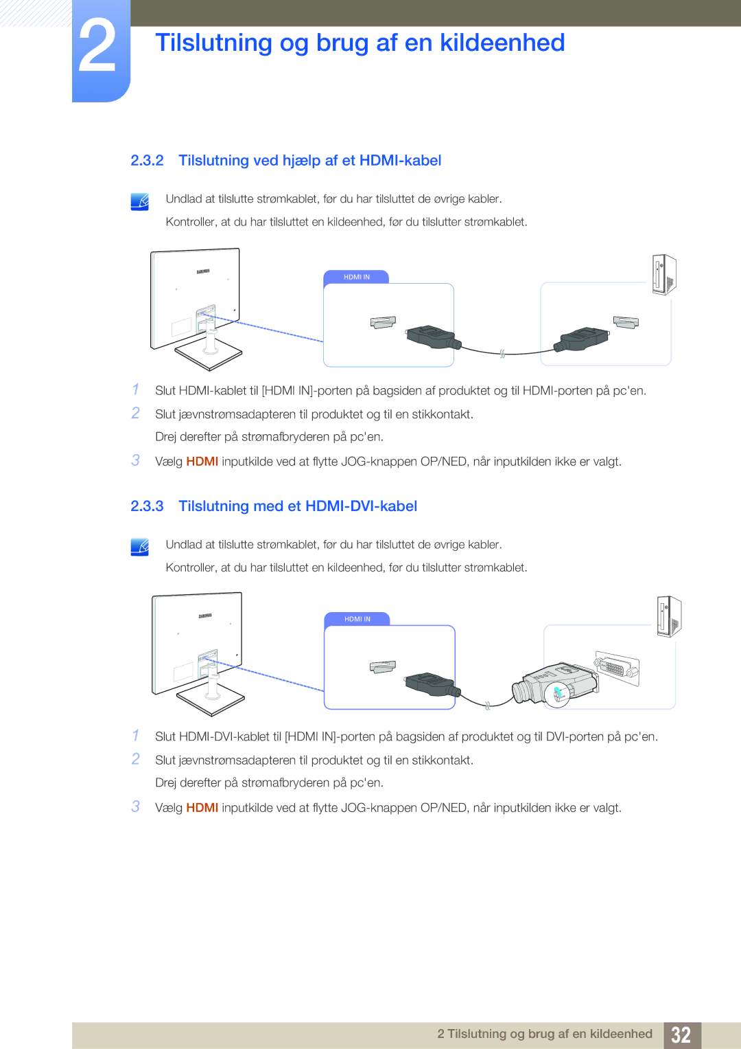 Samsung LS24C550ML/EN manual Tilslutning ved hjælp af et HDMI-kabel, Tilslutning med et HDMI-DVI-kabel 