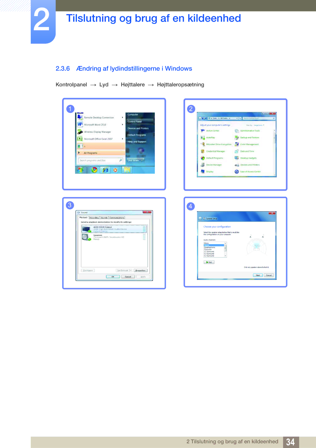 Samsung LS24C550ML/EN manual 6 Ændring af lydindstillingerne i Windows 