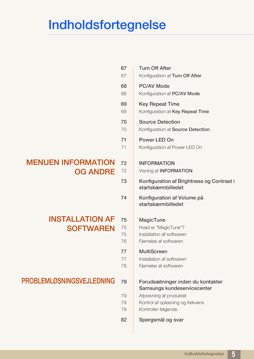 Samsung LS24C550ML/EN manual Menuen Information 72 OG Andre Installation AF Softwaren 