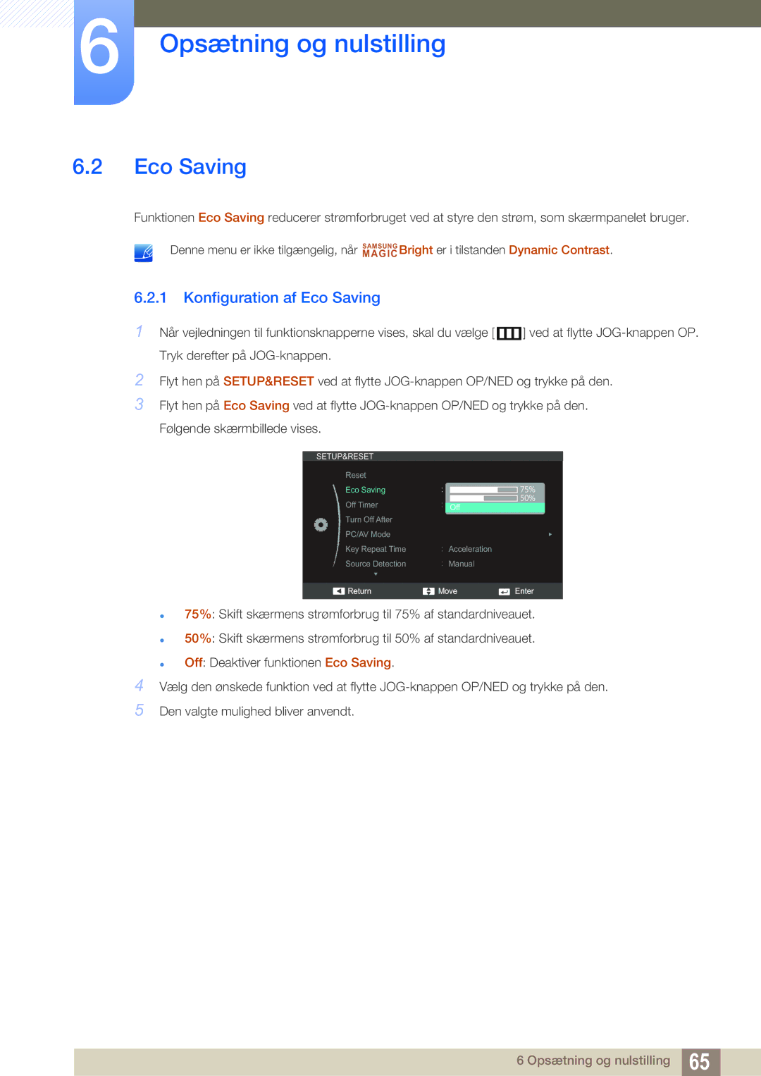 Samsung LS24C550ML/EN manual Konfiguration af Eco Saving 