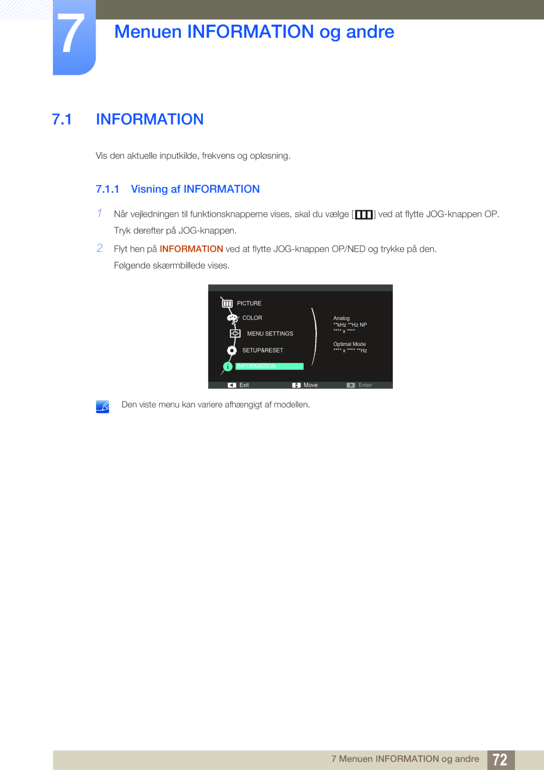 Samsung LS24C550ML/EN manual Menuen Information og andre, Visning af Information 