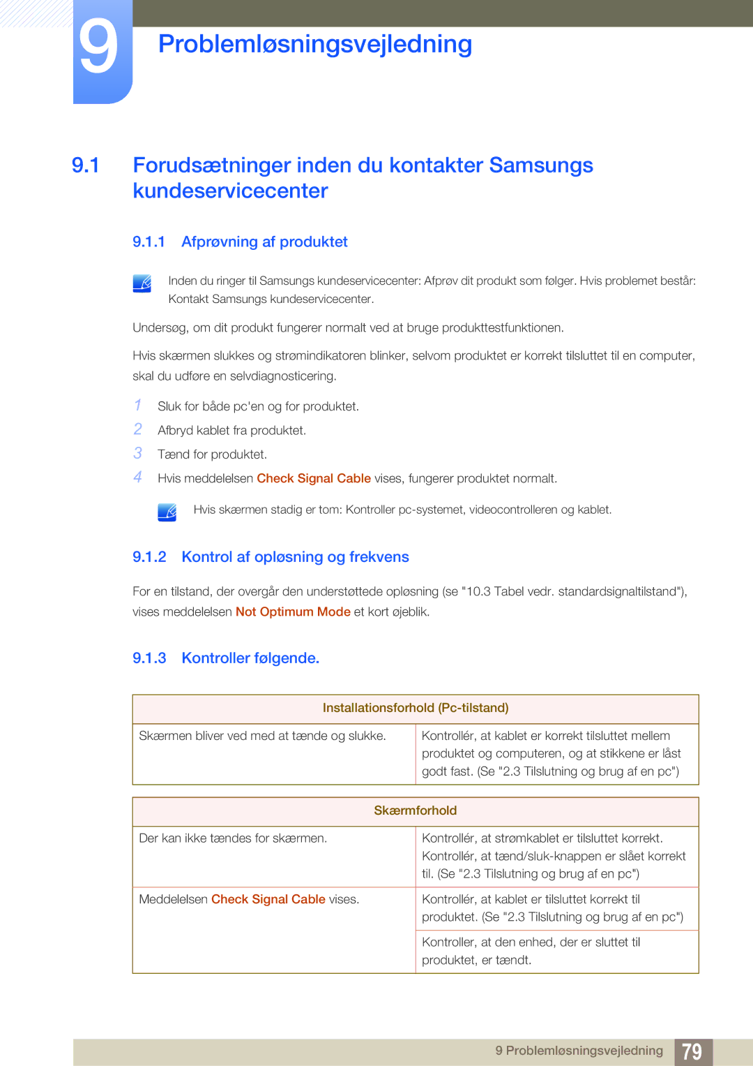 Samsung LS24C550ML/EN manual Problemløsningsvejledning, Afprøvning af produktet, Kontrol af opløsning og frekvens 