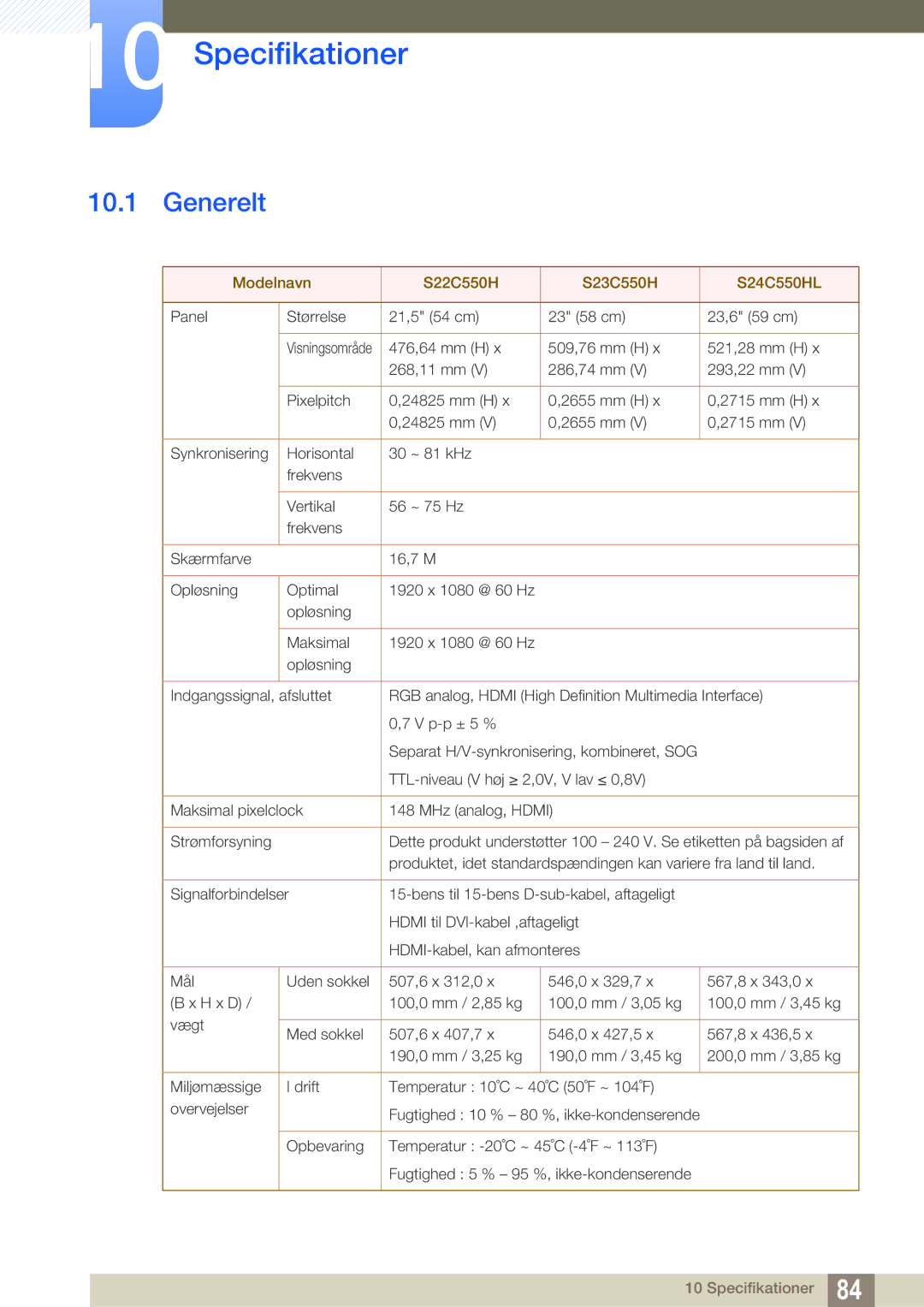 Samsung LS24C550ML/EN manual Specifikationer, Generelt 