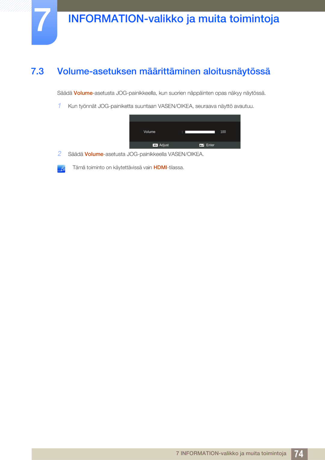 Samsung LS24C550ML/EN manual Volume-asetuksen määrittäminen aloitusnäytössä 