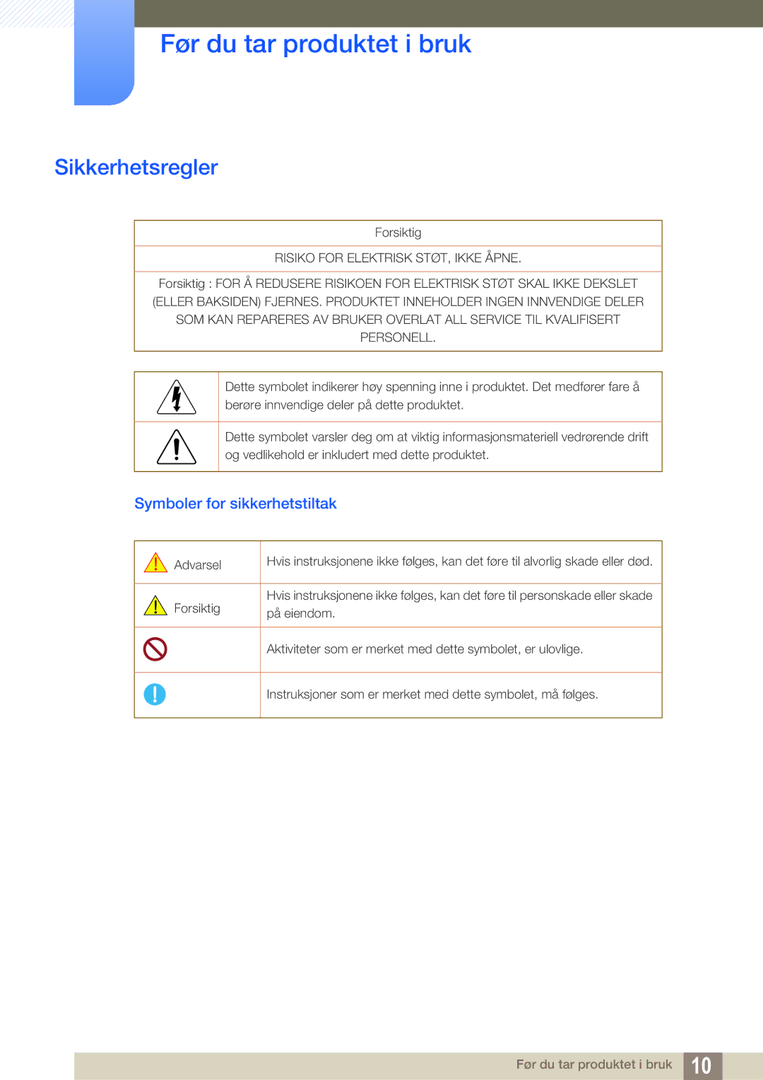 Samsung LS24C550ML/EN manual Sikkerhetsregler, Symboler for sikkerhetstiltak 