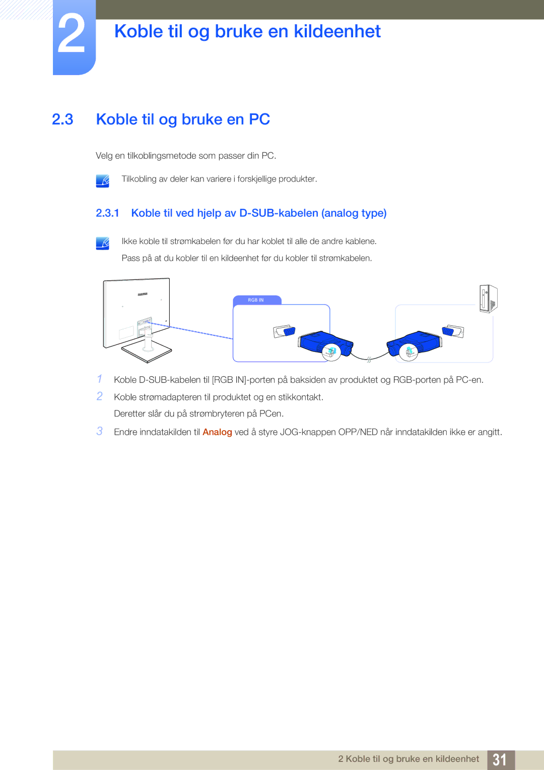 Samsung LS24C550ML/EN manual Koble til og bruke en PC, Koble til ved hjelp av D-SUB-kabelen analog type 