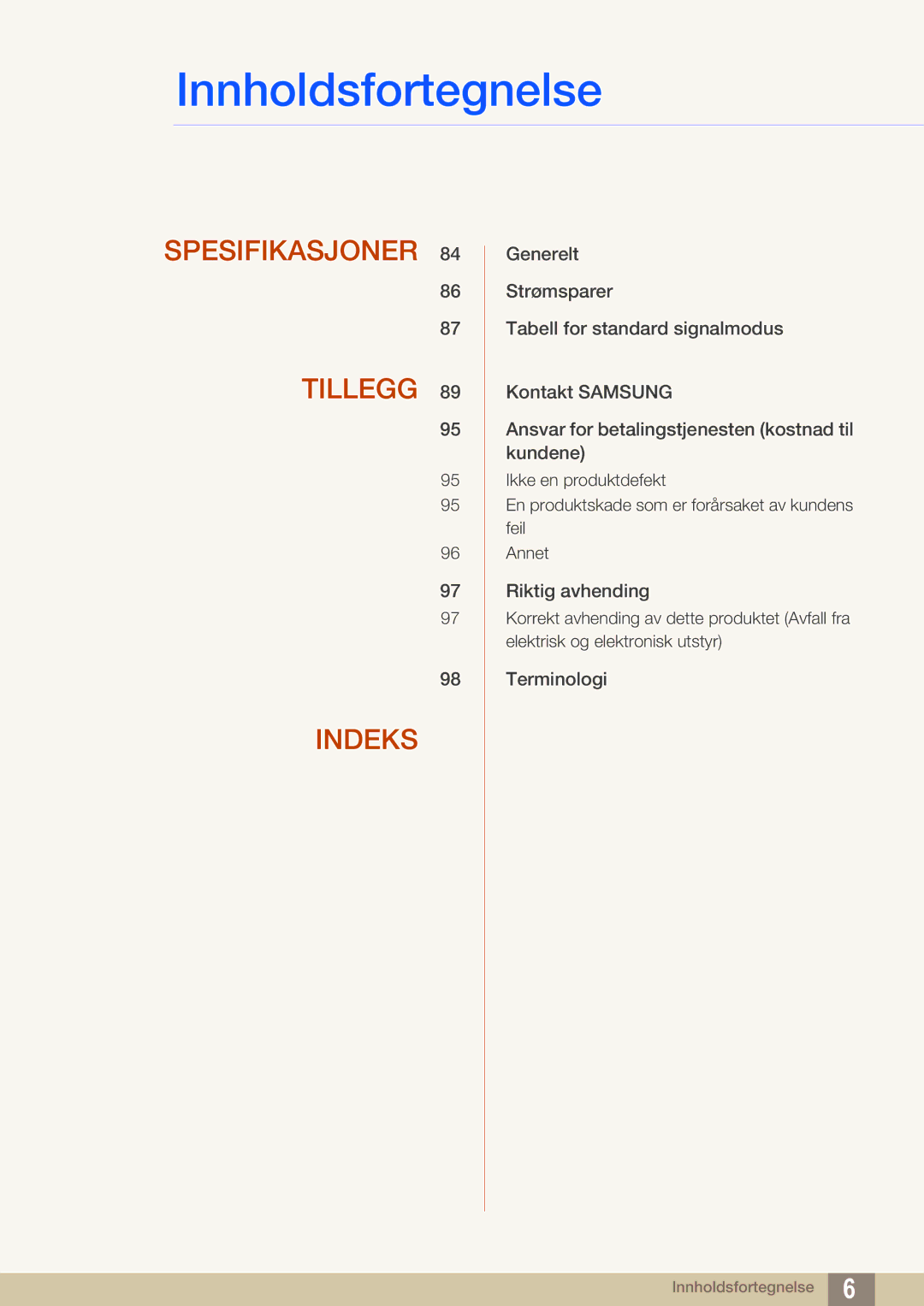 Samsung LS24C550ML/EN manual Spesifikasjoner Tillegg Indeks 