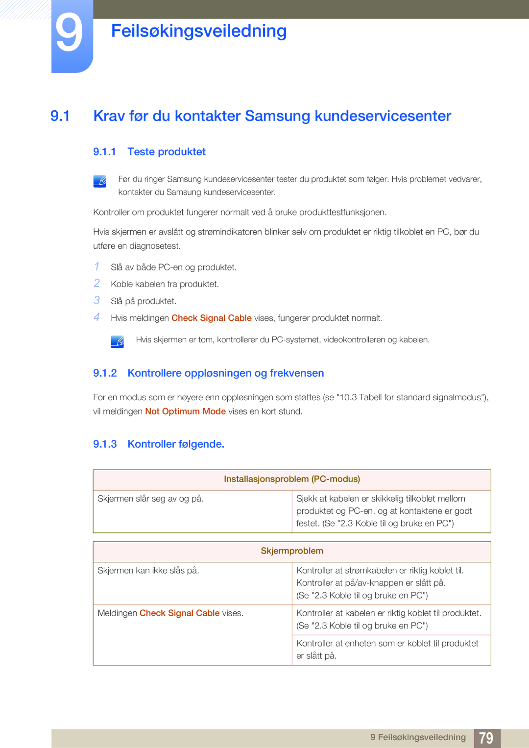 Samsung LS24C550ML/EN manual Feilsøkingsveiledning, Krav før du kontakter Samsung kundeservicesenter, Teste produktet 