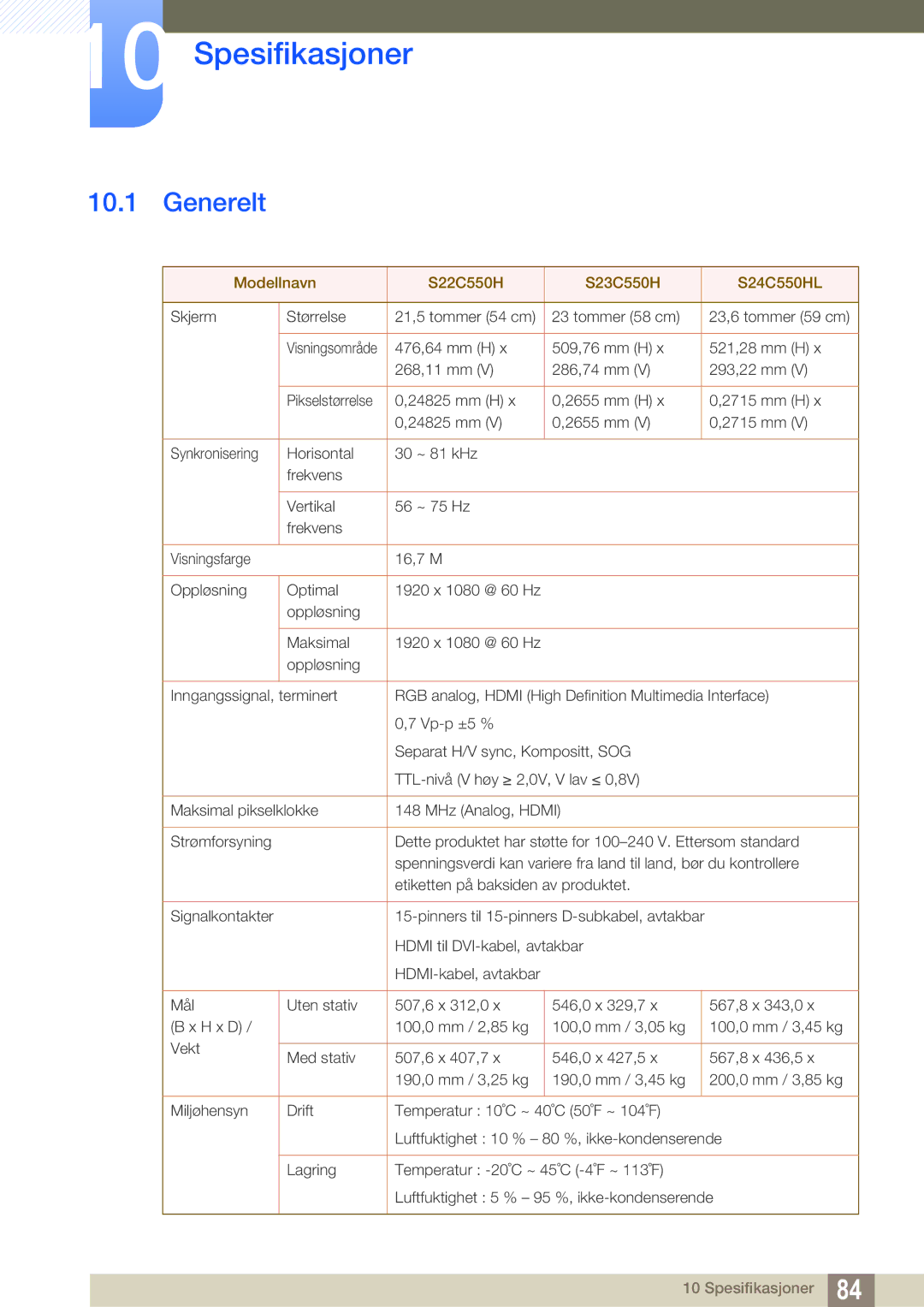 Samsung LS24C550ML/EN manual Spesifikasjoner, Generelt 