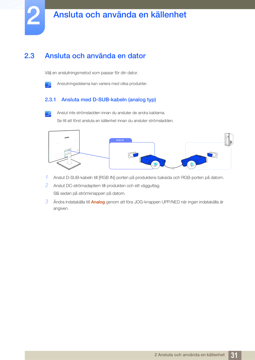 Samsung LS24C550ML/EN manual Ansluta och använda en dator, Ansluta med D-SUB-kabeln analog typ 