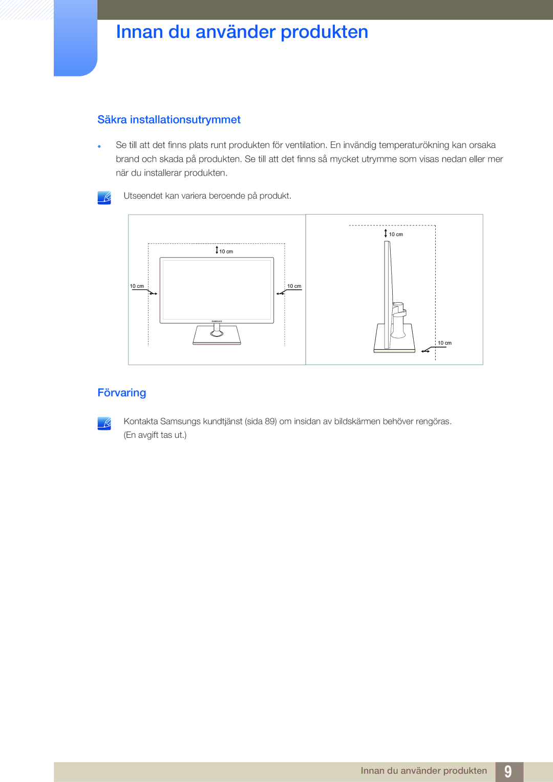 Samsung LS24C550ML/EN manual Säkra installationsutrymmet, Förvaring 