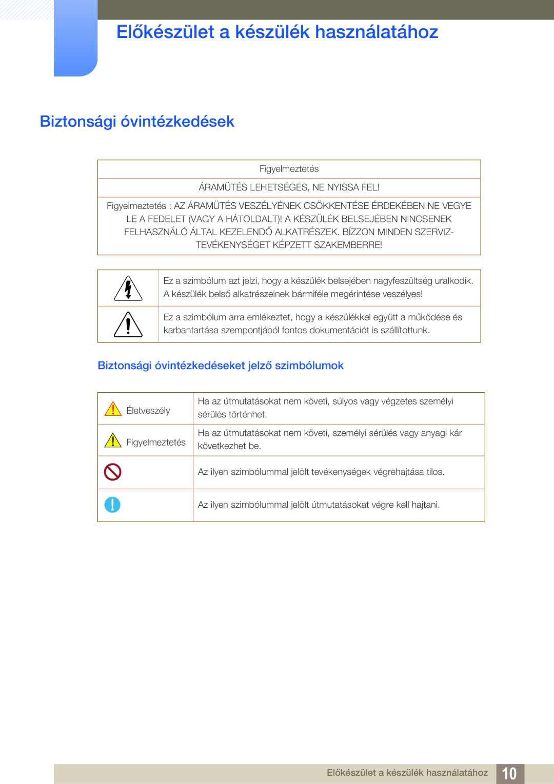 Samsung LS24C550VL/EN manual Biztonsági óvintézkedéseket jelző szimbólumok 