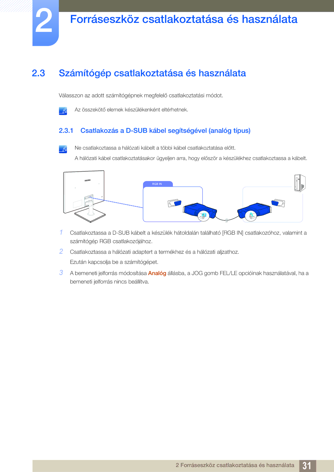 Samsung LS24C550VL/EN manual Számítógép csatlakoztatása és használata, Csatlakozás a D-SUB kábel segítségével analóg típus 