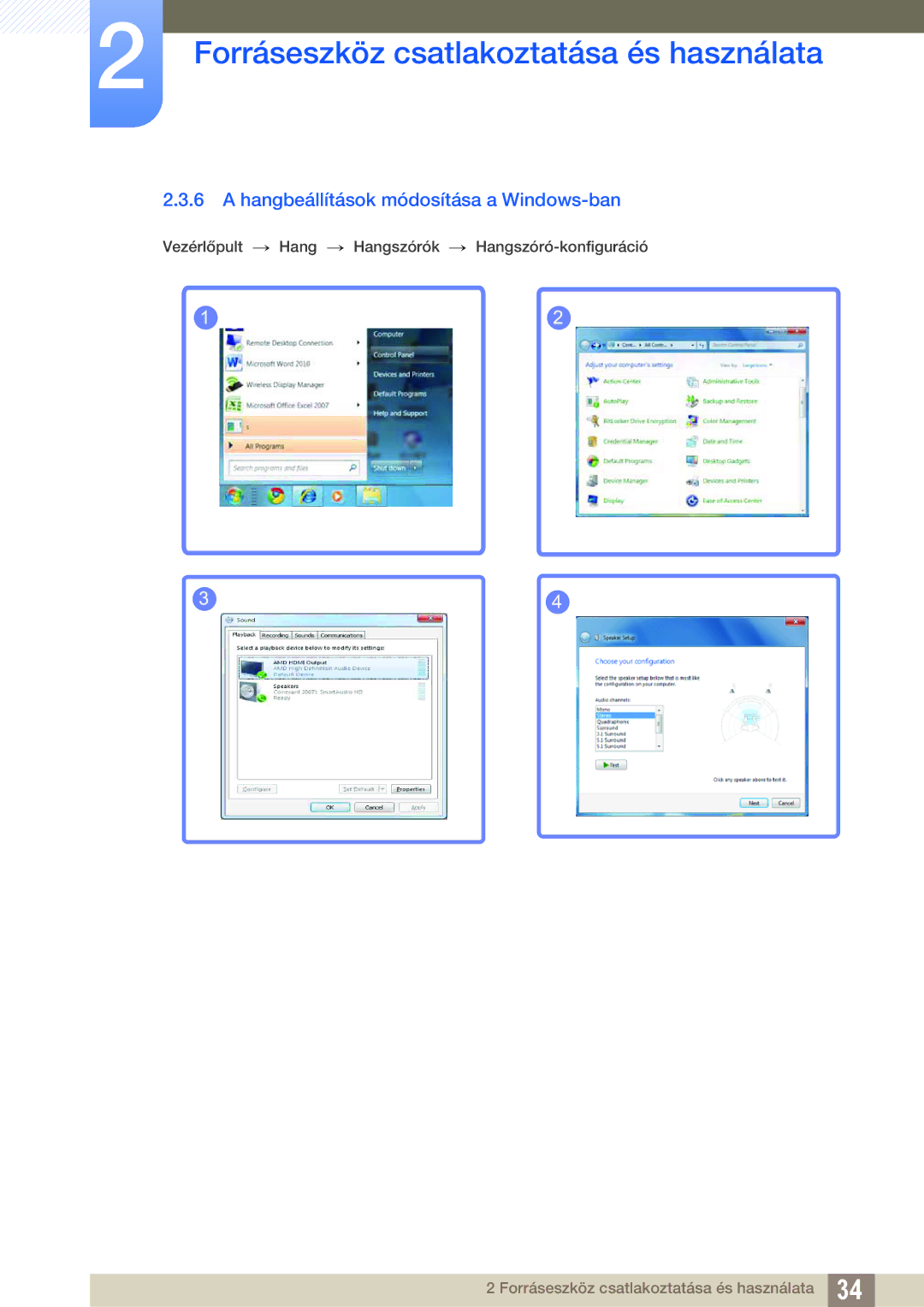 Samsung LS24C550VL/EN manual Hangbeállítások módosítása a Windows-ban 