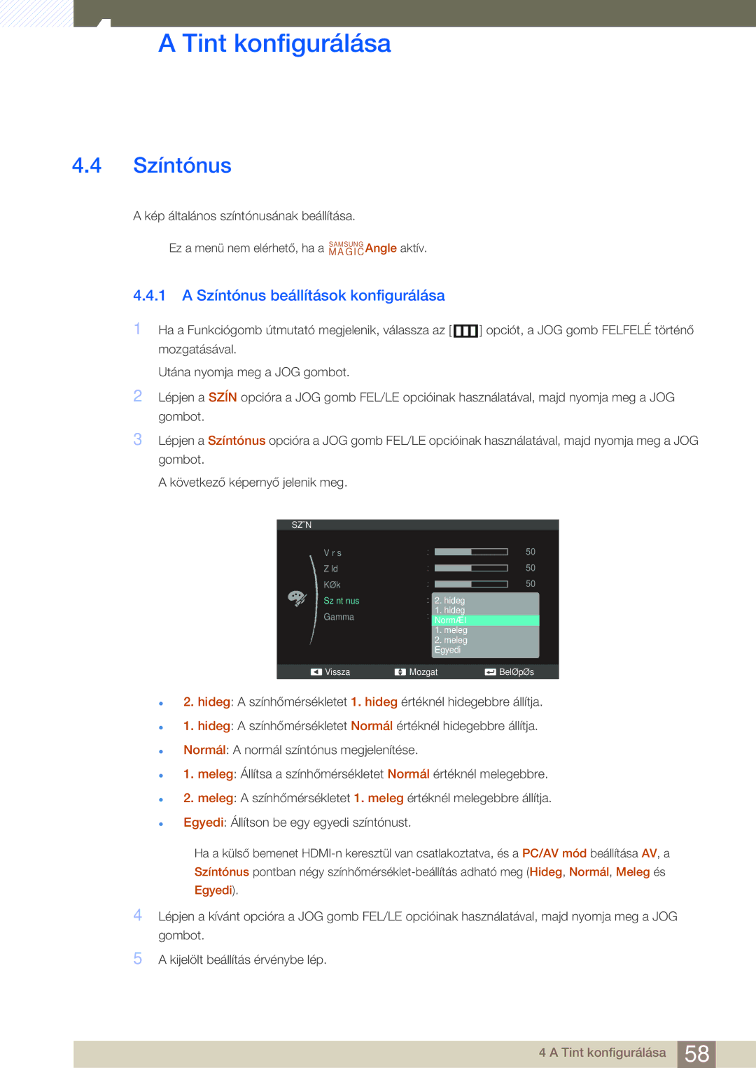 Samsung LS24C550VL/EN manual Színtónus beállítások konfigurálása 