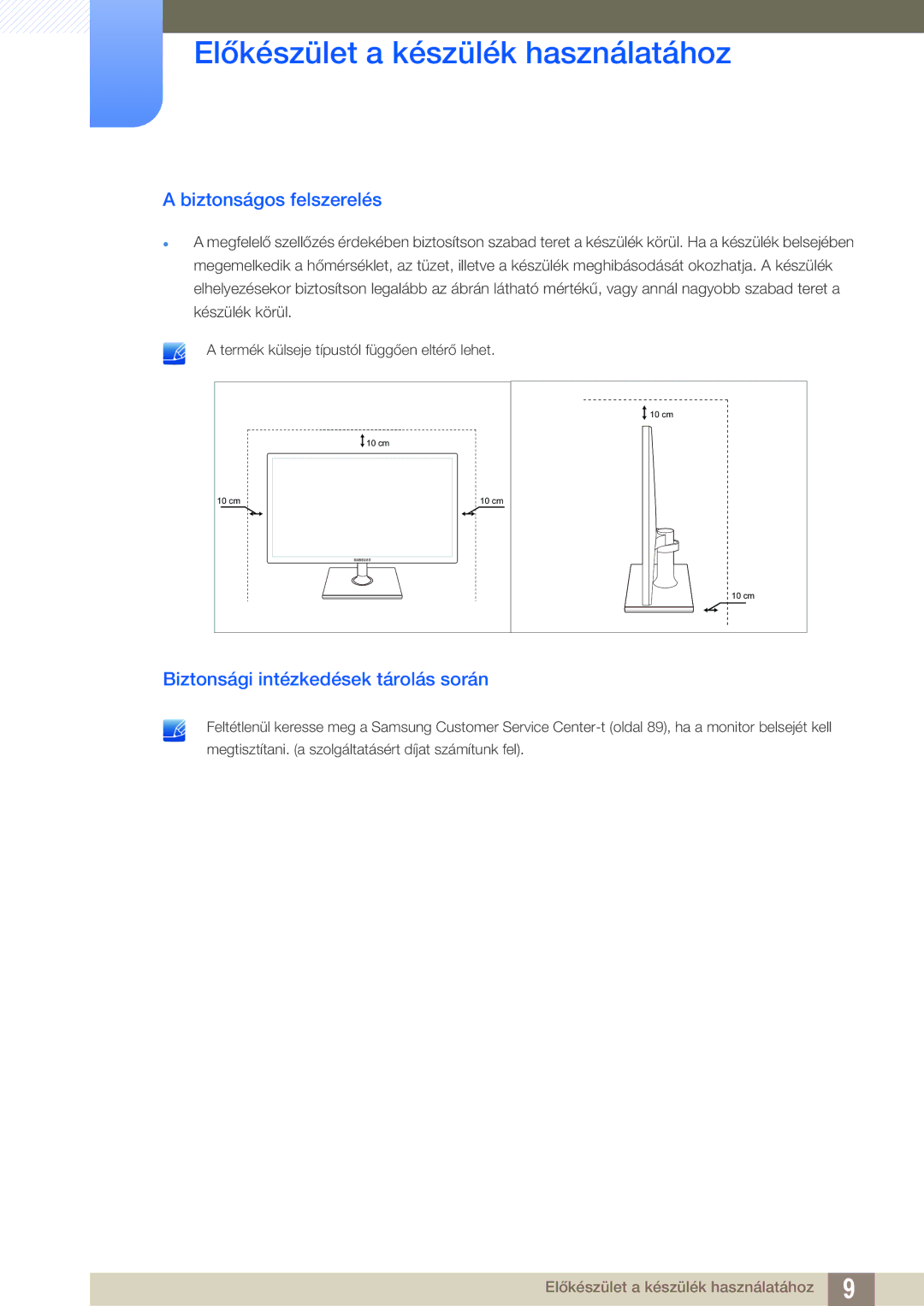 Samsung LS24C550VL/EN manual Biztonságos felszerelés, Biztonsági intézkedések tárolás során 