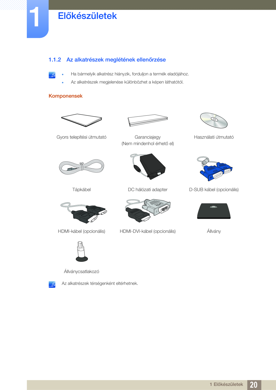 Samsung LS24C550VL/EN manual Az alkatrészek meglétének ellenőrzése, 1 Előkészületek, Komponensek 