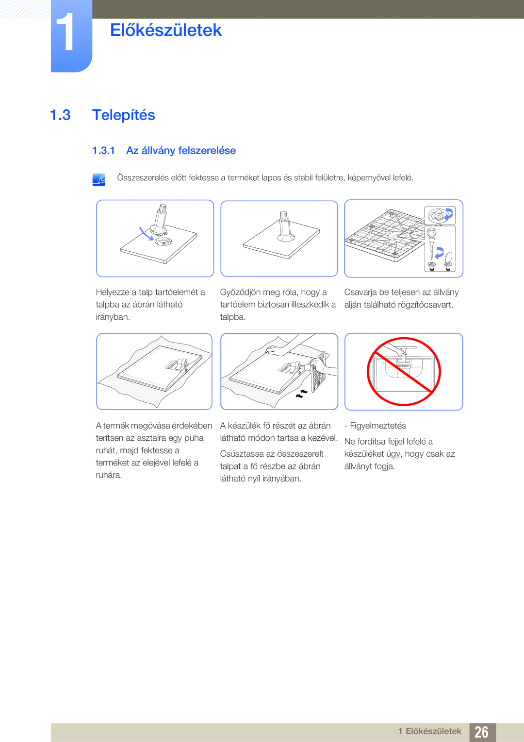 Samsung LS24C550VL/EN manual Telepítés, 1.3.1 Az állvány felszerelése, 1 Előkészületek 