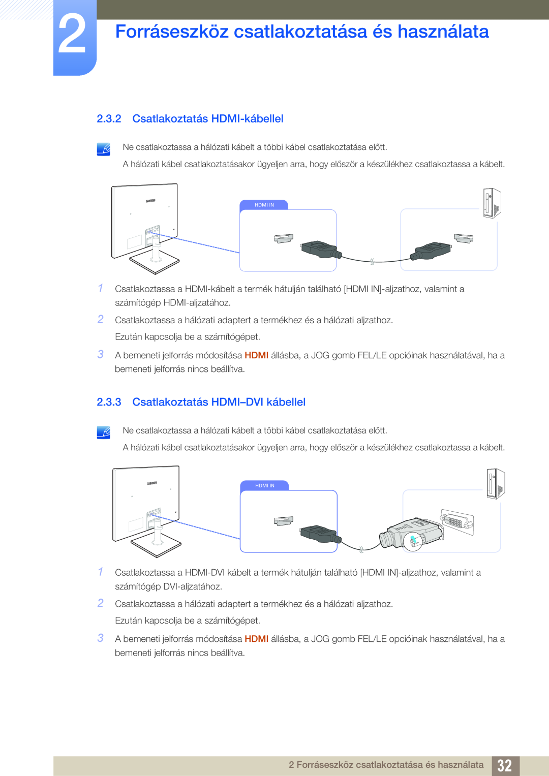 Samsung LS24C550VL/EN manual Csatlakoztatás HDMI-kábellel, Csatlakoztatás HDMI-DVI kábellel 