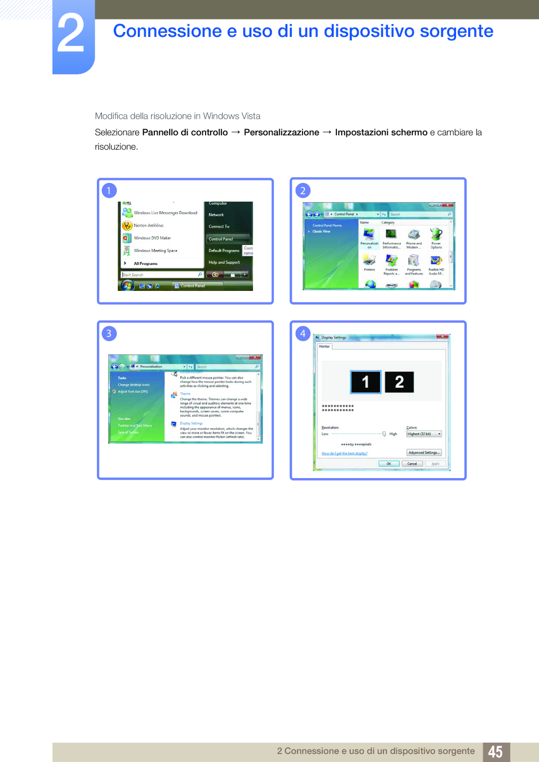 Samsung LS24C65UDW/EN, LS24C65KBWV/EN manual Modifica della risoluzione in Windows Vista 