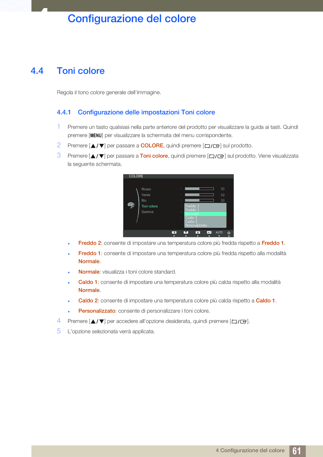 Samsung LS24C65UDW/EN, LS24C65KBWV/EN manual Configurazione delle impostazioni Toni colore 