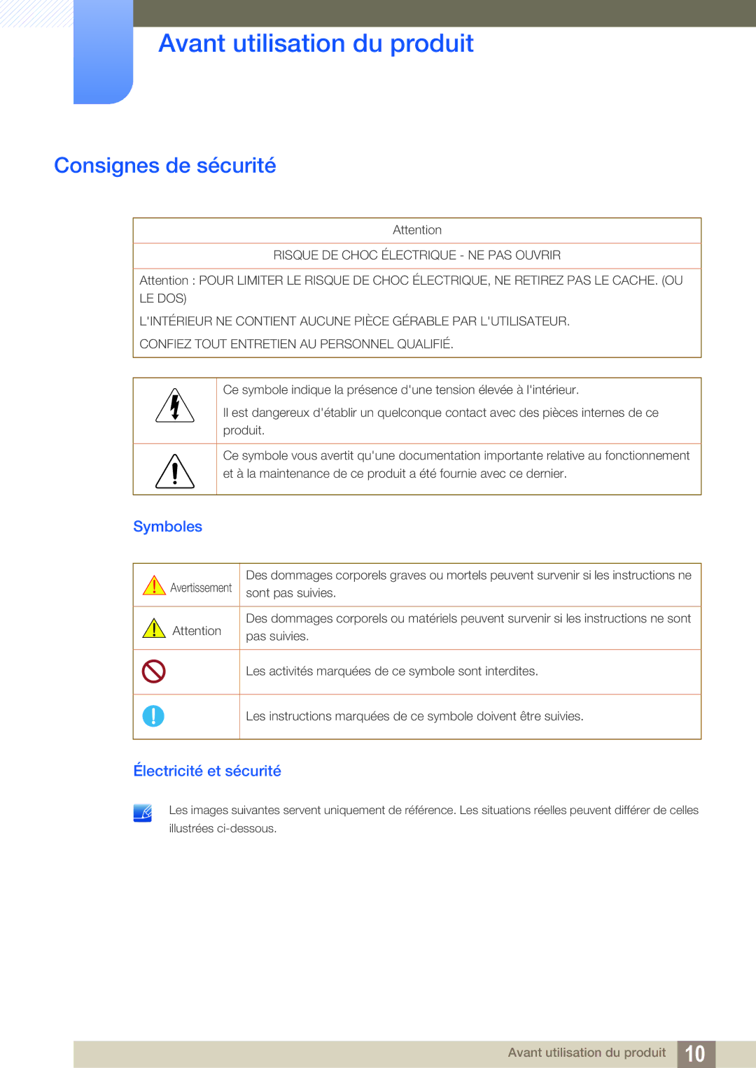 Samsung LS24C65KBWV/EN, LS24C65KMWG/EN, LS24C65UXWF/EN manual Consignes de sécurité, Symboles, Électricité et sécurité 