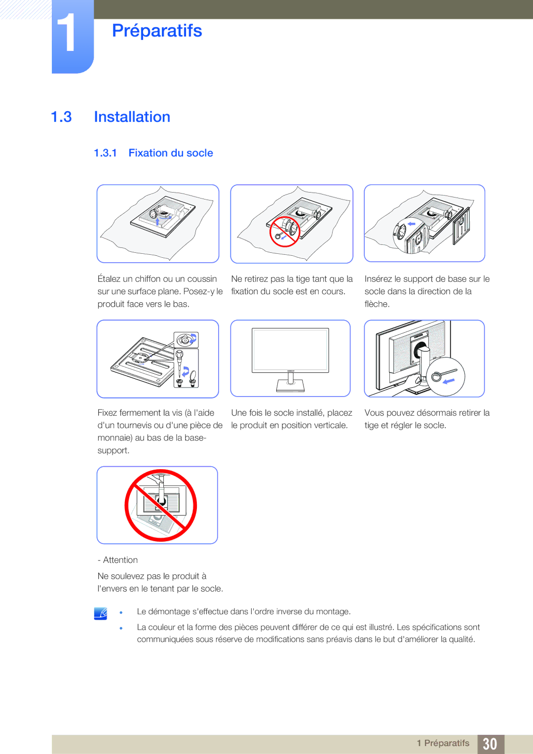 Samsung LS24C65KBWV/EN, LS24C65KMWG/EN, LS24C65UXWF/EN, LS24C65UDW/EN manual Installation, Fixation du socle 