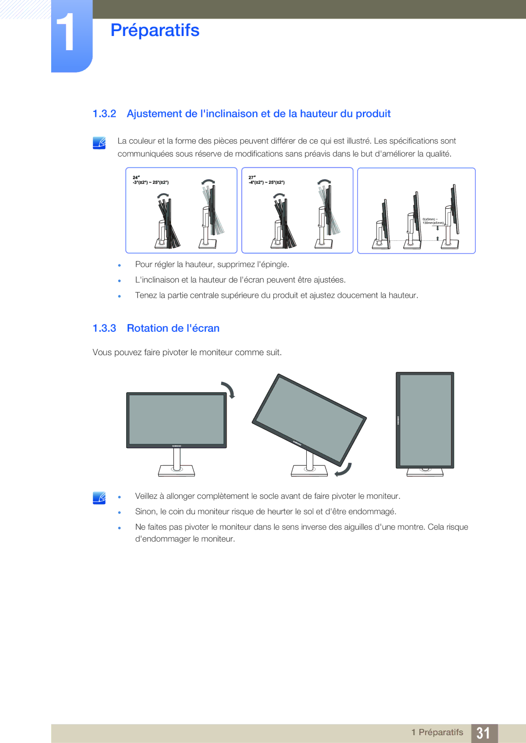 Samsung LS24C65UDW/EN, LS24C65KMWG/EN manual Ajustement de linclinaison et de la hauteur du produit, Rotation de lécran 