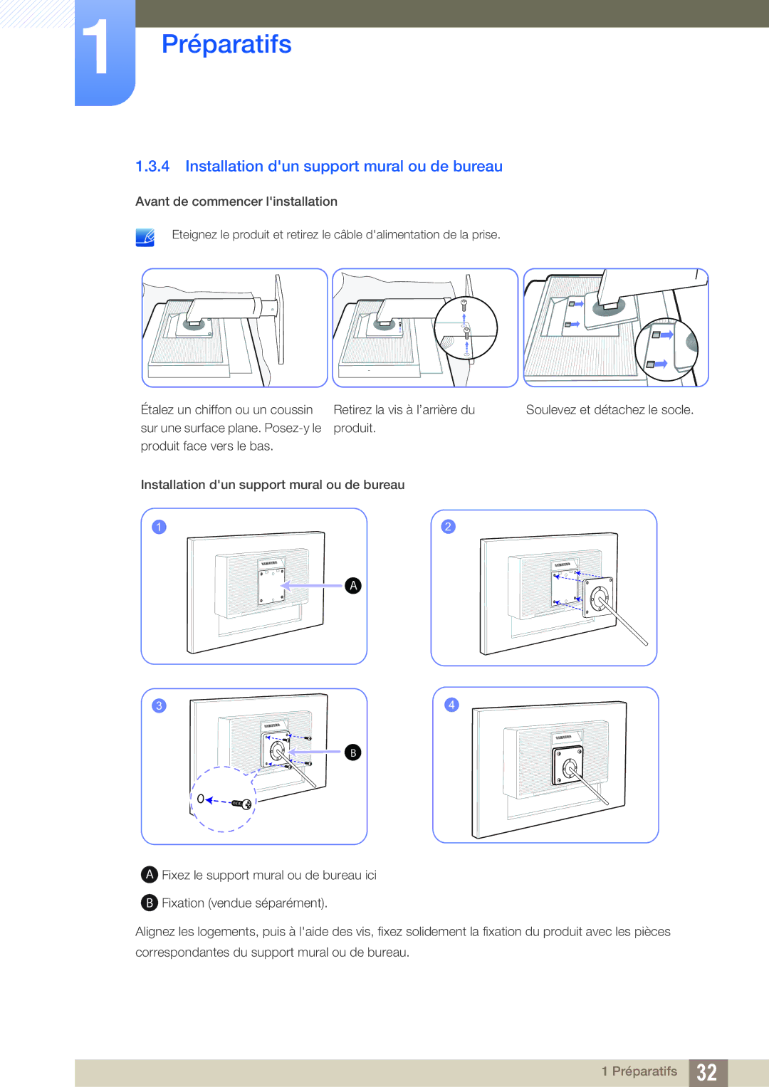 Samsung LS24C65KMWG/EN, LS24C65UXWF/EN, LS24C65KBWV/EN, LS24C65UDW/EN manual Installation dun support mural ou de bureau 