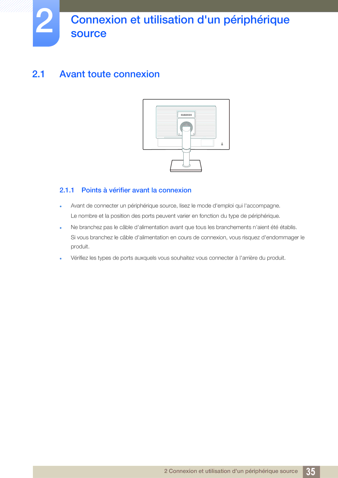 Samsung LS24C65UDW/EN, LS24C65KMWG/EN manual Connexionsource et utilisation dun périphérique, Avant toute connexion 