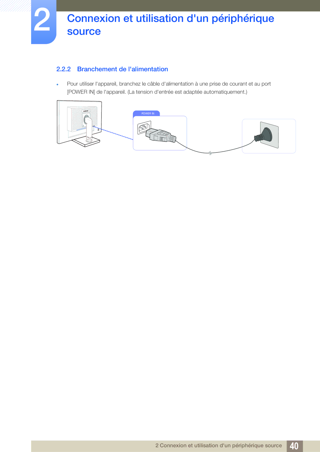 Samsung LS24C65KMWG/EN, LS24C65UXWF/EN, LS24C65KBWV/EN, LS24C65UDW/EN manual Branchement de lalimentation 