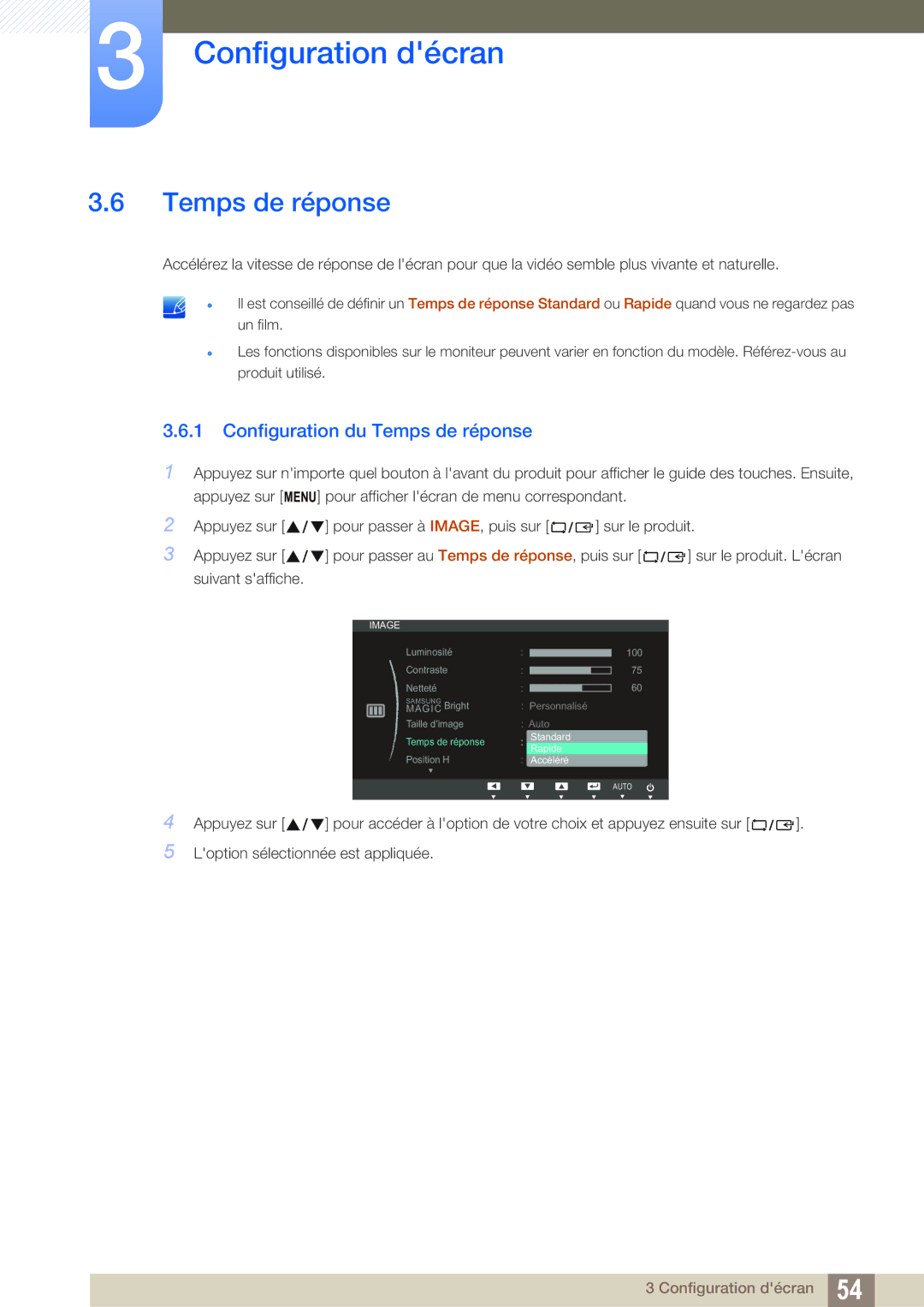 Samsung LS24C65KBWV/EN, LS24C65KMWG/EN, LS24C65UXWF/EN, LS24C65UDW/EN manual Configuration du Temps de réponse 