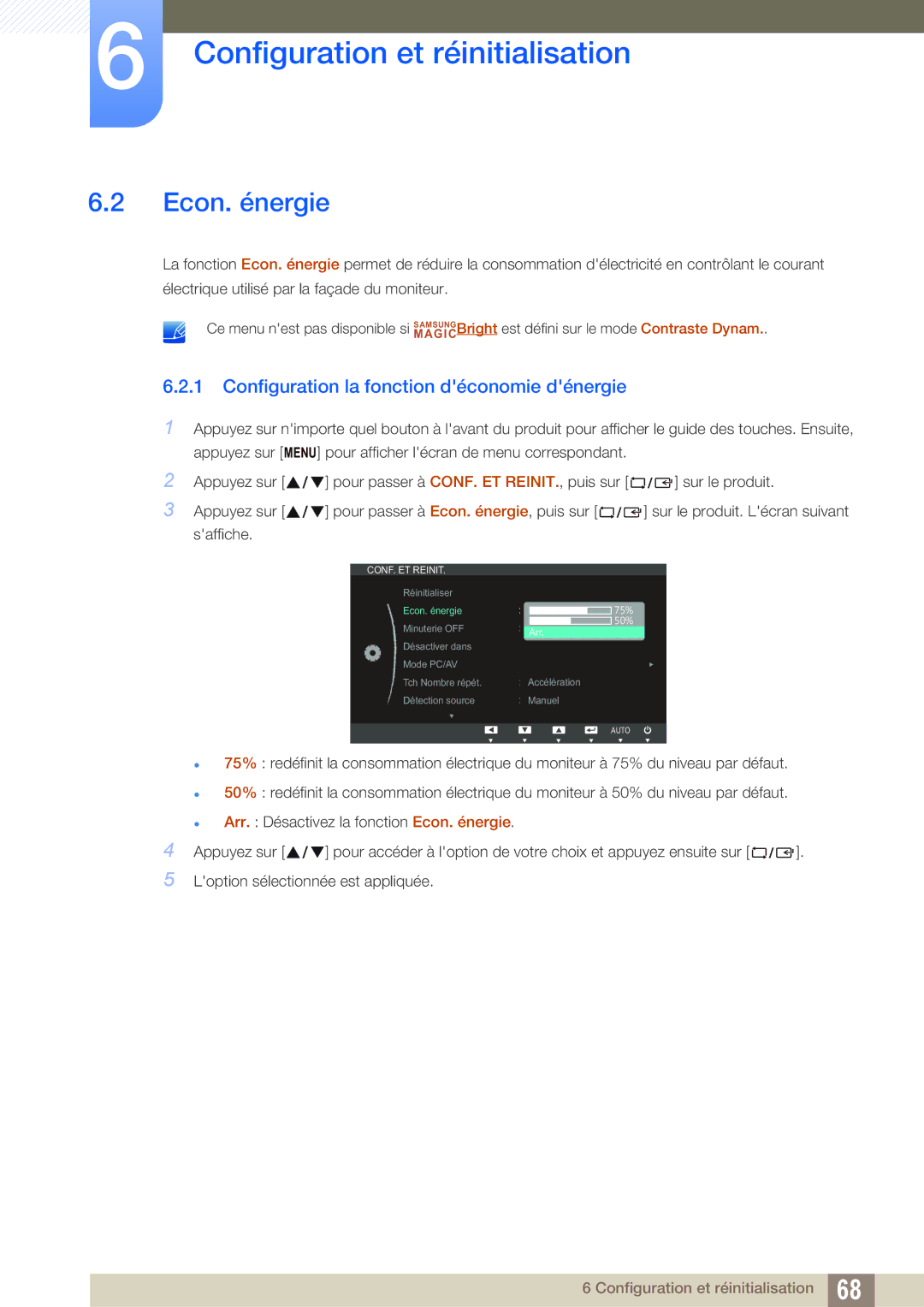 Samsung LS24C65KMWG/EN, LS24C65UXWF/EN, LS24C65KBWV/EN manual Econ. énergie, Configuration la fonction déconomie dénergie 