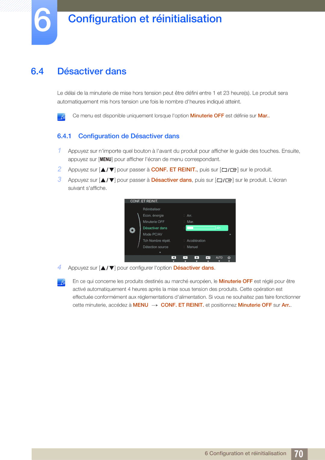 Samsung LS24C65KBWV/EN, LS24C65KMWG/EN, LS24C65UXWF/EN, LS24C65UDW/EN manual Configuration de Désactiver dans 