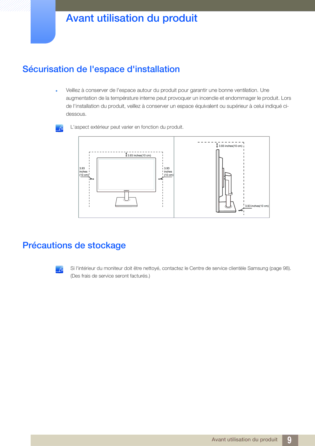 Samsung LS24C65UXWF/EN, LS24C65KMWG/EN, LS24C65KBWV/EN manual Sécurisation de lespace dinstallation, Précautions de stockage 