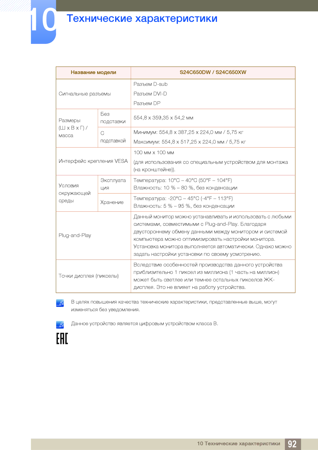 Samsung LS24C65UDW/EN, LS24C65UXWF/EN, LS24C65KBWV/EN, LS24C65KBWA/CI, LS24C65UDWA/CI manual 10 Технические характеристики 