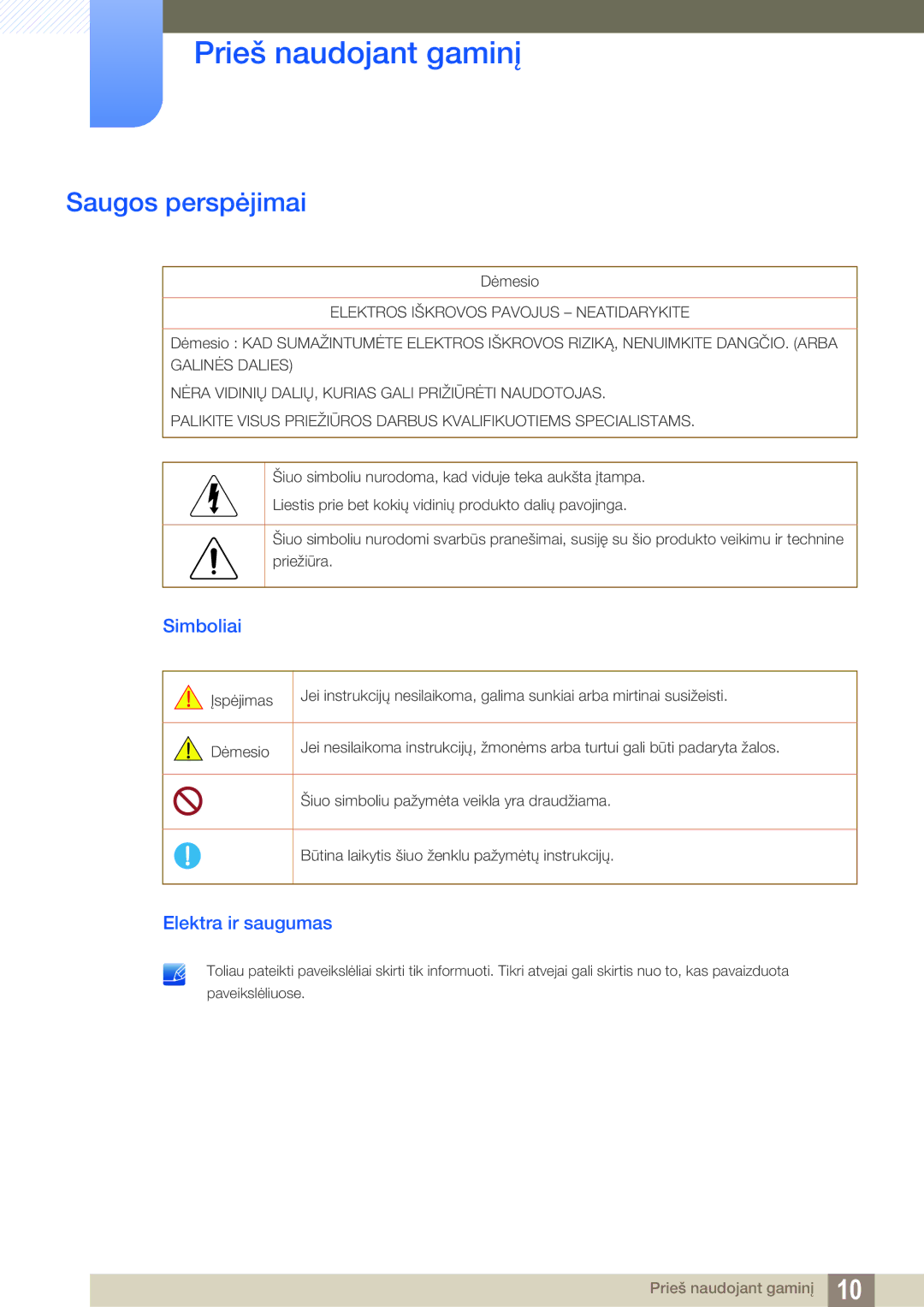 Samsung LS24C65KBWV/EN, LS24C65UXWF/EN, LS24C65UDW/EN manual Saugos perspėjimai, Simboliai, Elektra ir saugumas 