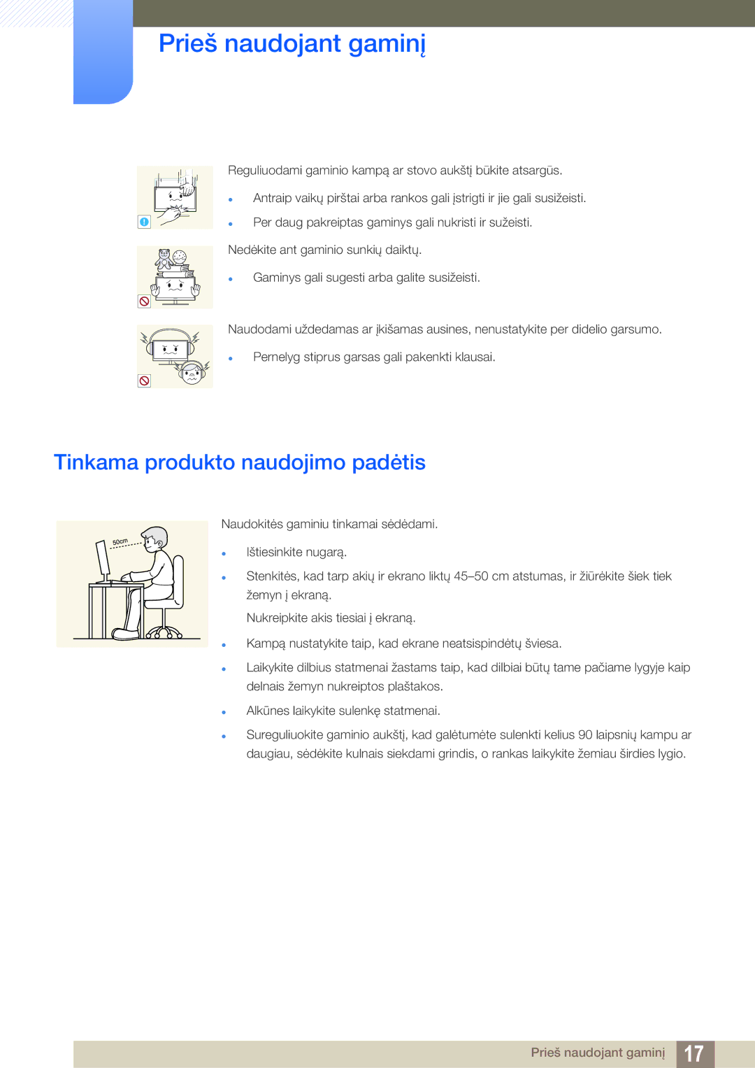 Samsung LS24C65UDW/EN, LS24C65UXWF/EN, LS24C65KBWV/EN manual Tinkama produkto naudojimo padėtis 