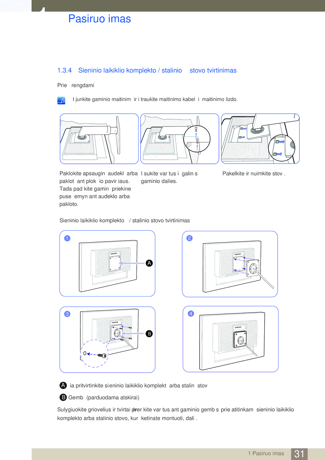 Samsung LS24C65KBWV/EN, LS24C65UXWF/EN, LS24C65UDW/EN manual Sieninio laikiklio komplekto / stalinio stovo tvirtinimas 